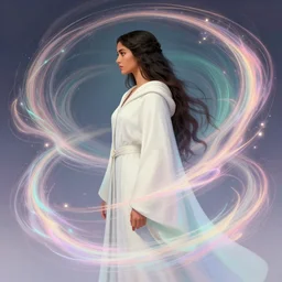side profile, maya ali, sorcerer, gloomhaven, robes, elegant, highly detailed, concept art, smooth, colorful swirly magical ripples, pastel colors, by huang guangjian, sachin teng, greg rutkowski, jesper ejsing, ilya kuvshinov, artgerm, mucha
