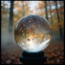 a 3 5 mm lomography photo of alien with clear glass fresnel ball in the sunshine autumn forest, falling autumn leaves are reflected in the ball, foggy bottom, god rays, ultrasharp, detailed, cinematic