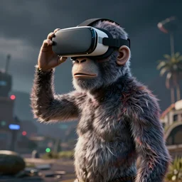 Ape with VR headset in a metaverse vaporwave, digital art, cinematic, 3D