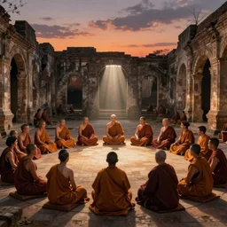 crowd of monks sitting in circular formation in temple ruins with stunning evening dusk light and god rays, old dutch era master painting by hsiao - ron cheng, miho hirano, john singer sargent gediminas pranckevicius
