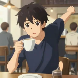 anime visual of a young man having coffee at a cafe interior, cute face by ilya kuvshinov, makoto shinkai, kyoani, masakazu katsura, dynamic pose, crisp and sharp, yoshinari yoh, rounded eyes, anime poster, cel shaded, gelbooru, danbooru