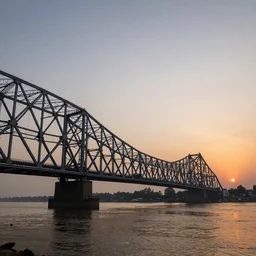 howrah bridge, sunset, airship in the sky, clear skies in the distance, hyperreal, artstation