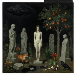 realistic painting of solid black night sky during a war, tall emo girl forest, stone sculptures, a fox, a pear tree, black clouds dripping black liquid, stones, black puddles, pomegranate tree, bromeliads, herbs, raven, bones, berries, zen, sensual, surrealist painting by magritte and monet and van gogh