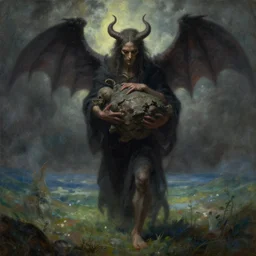 evil and suffering being transformed into goodness, life, and peace. he holds a burden of darkness, but beneath him is a land of peace | epic painting by craig mullins