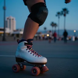 a roller skater in a cinematic closeup. in santa monica at blue hour. canon eos c 3 0 0, ƒ 1. 8, 2 0 0 mm. 8 k. inspired by roger deakins cinematography