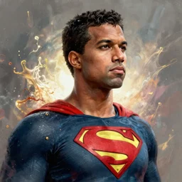 Portrait of Kanye West as Superman  amazing splashscreen artwork, splash art, head slightly tilted, natural light, elegant, intricate, fantasy, atmospheric lighting, cinematic, matte painting, by Greg rutkowski