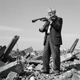 An old photo of an old man playing the violin, while standing on the rubbles after a war, v-ray engine, black and white schemed, trending on artstation