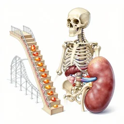 Simple anatomic, bionic exploded drawing, crossection skeleton architecture, staircase, rollercoaster, jellybeans, organs, kidney, by david lachapelle, by angus mckie, by rhads, in a dark empty black studio hollow, c4d, at night, rimlight, c4d, by jonathan ivy, by alex grey