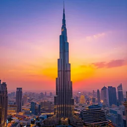 an amazing beautiful photo of the burj khalifa with a sunset over a cityscape. the colors are very vibrant and the view is stunning. vibrant colors, very funny, personal, positive, visually pleasing, engaging and contains humans. high resolution. high quality. hq hd. trending on artstation.