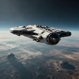 vanishing perspective view of spaceship hovering over an alien world, cinematic angle, cinematic lighting, by Syd Mead John Harris Federico Pelat Markus Vorgt Star Citizen, Elite Dangerous,