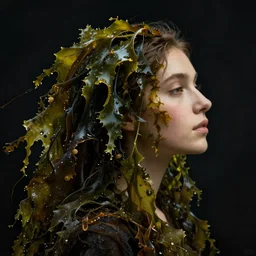 a woman's face in profile, made of a weightless cascade of floating seaweed, in the style of the dutch masters and gregory crewdson, dark and moody