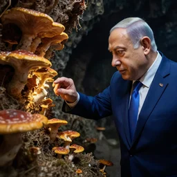 benjamin netanyahu as an explorer, exploring a strange fungi kingdom, benjamin netanyahu, by gediminas pranckevicius