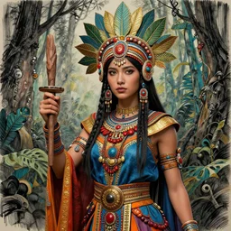 a beautiful girl aztec forest princess in intricate detailed color blue, gold, orange red shaman costume, 3 d render, hyper realistic detailed portrait, human sacrifice, ornate leaves headpiece, elegant, intense colors and ink pen, ruan jia, by moebius, fantasy, hyper detailed, octane render, concept art, by mohrbacher, mucha