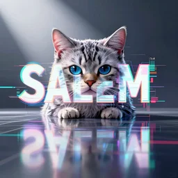 salem cat synthwave, glitchy, reflective, holographic, neon