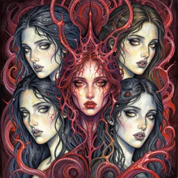 peripheral abomination lobotomy, in the style of adi granov, colourful hand drawing, beautiful faces, dramatic, tragic, intricate, detailed, beautiful