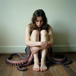 a sad girl with octopus tentacles instead of limbs sitting on the floor, photograph by Wim Wenders and Edward Hopper
