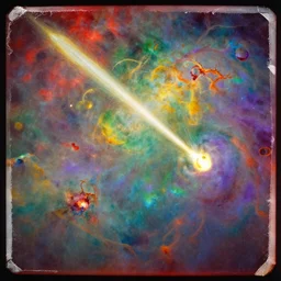 A beautiful wetplate of a comet flying across the sky and nebulae inspired by Ivan Bilibin and Edmund Dulac. sponge, dry brushing, scumbling, masking, frayed edges. Light leaks, natural light. trending on artstation and google images. 32k HD wallpaper, red–green and yellow–purple and azure–orange and white color scheme