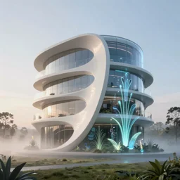 highly detailed futuristic architecture by Tadao Ando and, reflective lighting, holographic, stylized vegetation, ground-level view, stunning sunny lighting, sunrise, foggy atmosphere, vivid colors, in the style of pixar animation, trending on Artstation, 8k, matte painting, ray tracing, hyper detailed, unreal engine 5, cinematic, epic lighting, cryengine, octane render, cyberpunk, red and orange glow, vibrant