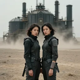 cinestill 5 0 d photographic portrait of two loving clones, techwear women on a desolate plain, a brutalist dark metal facility in the background, dust storm, depth of field, 4 k, 8 k, hd, full color