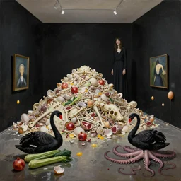 painting of a flooded art gallery room at an art gallery, black walls, a tall emo woman, a massive pile of shells and bones, black swans, pomegranates, courgettes, raw eggs dripping down walls, broken egg shells, sensual, octopus tentacles coming from puddles, zen, surrealist, by magritte and monet