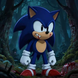 sonic with very sharp teeth and blood streaming down his eyes in a creepy forest at night, badly lit, scary, 4k, disgusting