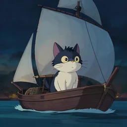 a wholesome animation creative key shot of a cat sailing a boat in the night, full shot, studio ghibli, pixar and disney animation, sharp, rendered in unreal engine 5, anime key art by greg rutkowski, bloom, dramatic lighting