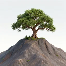 A mountain with a giant tree on the top,