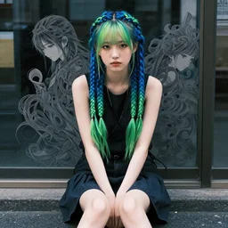 concept art, pretty girl sitting on street, braids blue and green, singular, junichi higashi, isamu imakake, intricate, balance, ultra detailed, full far frontal portrait, volumetric lighting, cinematic lighting + masterpiece