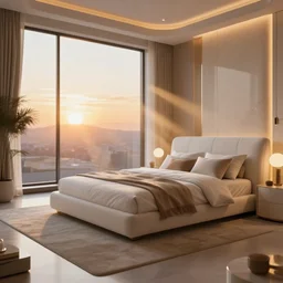 a futuristic furnished bedroom with a large window at sunset, godrays, luxury furniture , white bed, complementary colors, warm lighting, path traced, highly detailed, high quality, concept art, 8k, calm, trending on Artstation, full of furniture