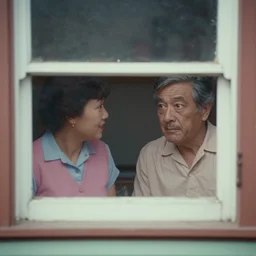 Zoomed cropped closeup of unexpected voyeuristic eye contact with neighbor in window, Technicolor, telephoto lens, vintage photograph
