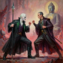 A very detailed surreal fantasy oil painting of Lord Voldemort fighting against Buddha by Manjit Bawa, trending on artstation, infrared color scheme.