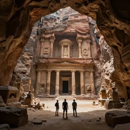 Humans discovering an ancient city underground