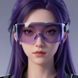 Close up portrait of a young Asian Cyberpunk woman with dark purple hair wearing a visor covering her eyes, hyperdetailed, artstation, cgsociety, 8k