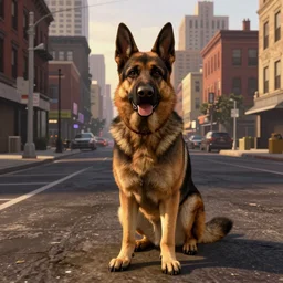 the german shepherd of i am legend in new york, gta 5 comic style, octane render, unreal engine, sundown, empty streets