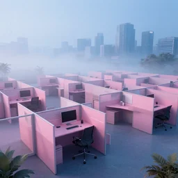 sprawling office floor with cubicles,, in faded pink, morning fog, blue hour, archviz, cgi, trending on artstation, corona renderer, unreal engine, ray tracing, 3 ds max, cinematic, city in the background