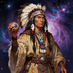 : native american shamen fantasy, fantasy magic, anime native, anime, cosmos, cosmic, intricate, sharp focus, illustration, highly detailed, digital painting, concept art, matte, jahbu art and paul lewin masterpiece