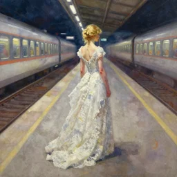 paint brush strokes, abstract watercolor painting beautiful blond woman from the back, wearing a long flowing lace wedding dress in a train station platform at night, ambient lighting, art by hans dahl, by jesper ejsing, art by anders zorn, wonderful masterpiece by greg rutkowski, cinematic light, american romanticism by greg manchess, impressionism by tyler edlin