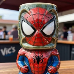 a closeup photorealistic capture of glossy spider man style tiki mug at an outdoor trader vic's bar featuring the face of spider man. tiki party. bright scene. fine detail. this 4 k hd image is trending on artstation, featured on behance, well - rendered, extra crisp, features intricate detail, epic composition and the style of unreal engine.