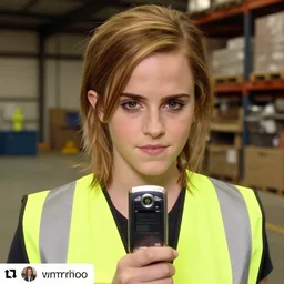 photo, close up, emma watson in a hi vis vest, in warehouse, 2 0 0 8 android cameraphone, instagram photo, 2 6 mm,