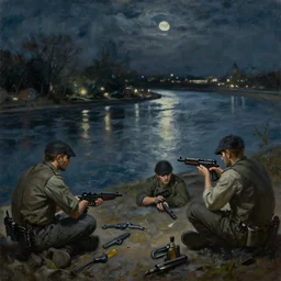 “ mafia smuggling guns by the river at night, oil painting, epic, cinematic ”