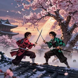 Two characters from the game Sekiro in a duel on the rooftops, action poses with weapons, ancient Japanese architecture, giant cherry trees, winter, snowy, god rays, bloom, volumetric fog, moody ambiance, cinematic lighting, twilight, sunset, rose and lavender and amber tones, Bouguereau, Maxfield Parrish, Alphonse Mucha, fantasy, portfolio illustration, highly detailed, trending on Artstation, CGsociety, HQ, 8k, 35mm lens, f2.8, Bokeh,