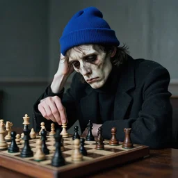 samuel beckett playing chess with a sad death wearing a blu hat, photo, expressionist, nordic light