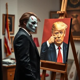 actor jim carrey, as the mask, stands at a his easel, painting donald trump