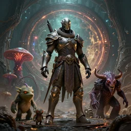 by artgerm and agostino arrivabene, visually stunning, cinematic, ultra realistic, hyper realism, epic, octane render, unreal engine, vfx, maya, alien space knight, old guide of multidimensional portal, fungal enchanter, murloc tinyfin, dread infernal, wee whelp, battle ram