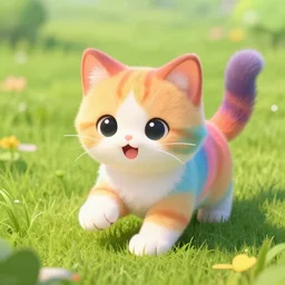 rainbow kitten playiong in the grass