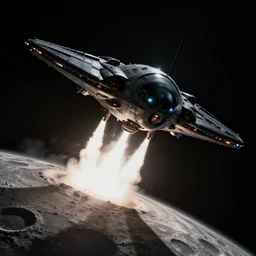 a black alien spaceship taking off from the moon, weird angles, cinematic, shadows, 4 k, detailed, by john berkey!!!!!! and peter jackson and ridley scott and beeple!!! and greg rutowski