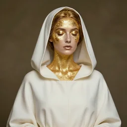 portrait of medium shot, a pure catholic noun woman hooded, wearing a white robe, elegant, lighting, special effects makeup, maximalist, glittering, gold, ivory, hyperreal, golden ratio, masterpiece ultrarealistic ultradetailed by stefan gesell
