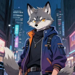 character portrait of a male anthro wolf fursona with a tail and a cute beautiful attractive detailed furry face wearing stylish cyberpunk clothes in a cyberpunk city at night while it rains. hidari, color page, tankoban, 4K, tone mapping, Akihiko Yoshida.