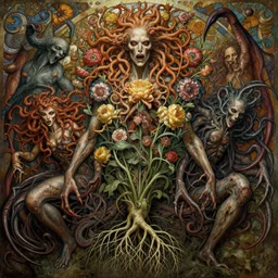 the platonic ideal of flowers and roots of cletus kasady ultimate carnage dementor doctor doom gorgon chtulu nazgul, charybdis, medusa detailed, intricate, hyperrealism, intense, scary, decay, dmt, art by brock hofer and artgerm, moebius, greg rutkowski, alphonse mucha
