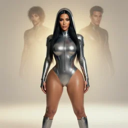 full body portrait of kim kardashian in futuristic cyberpunk leotard with hood by artgerm and greg rutkowski and alphonse mucha, trending on artstation, cinematic light, volumetric shading, high radiosity dull skin, global illumination, radiant light, soft light, soft color dodge, subsurface scattering